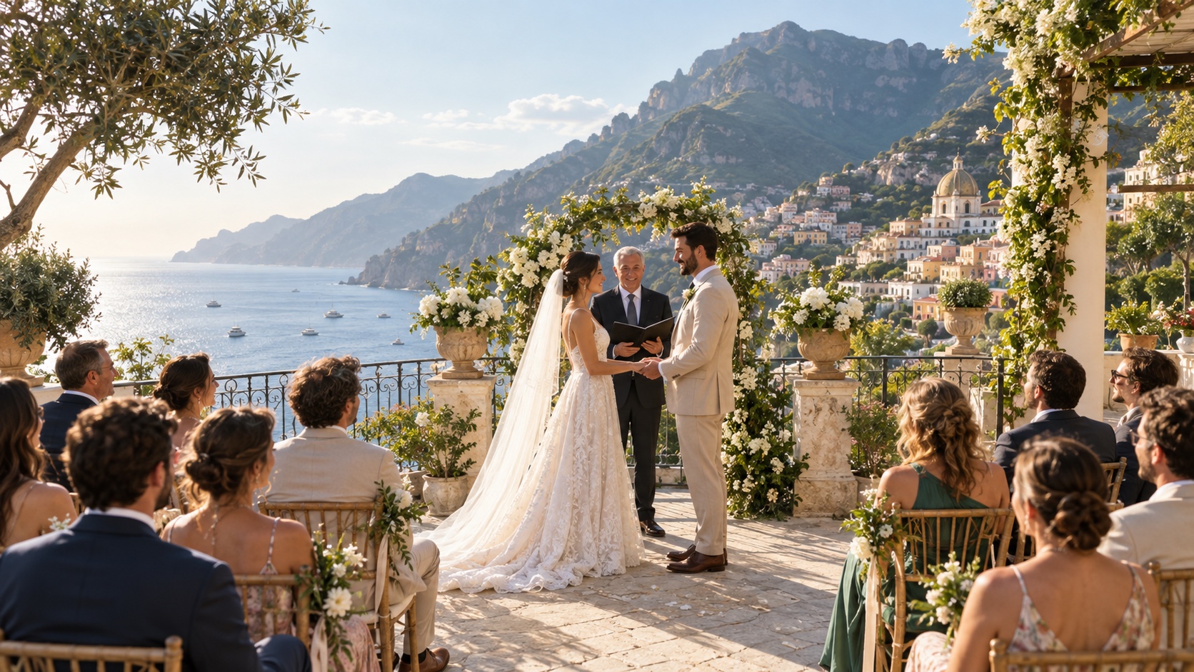 Couple de mariés et bouquet dans une lumière douce
