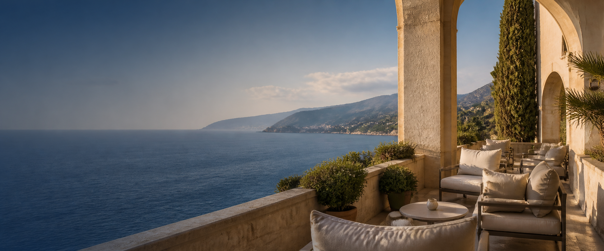Terrasse élégante ouverte sur la mer Méditerranée