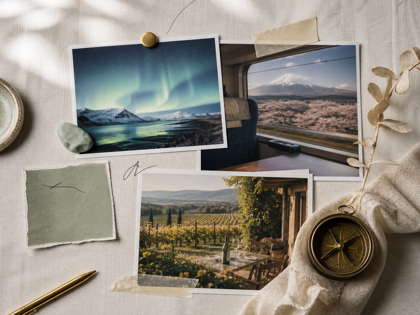 Collection d'inspirations de voyage entre aurores boréales, Japon et vignobles