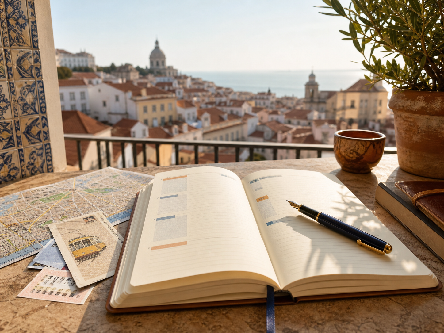 Carnet de voyage ouvert face aux toits de Lisbonne